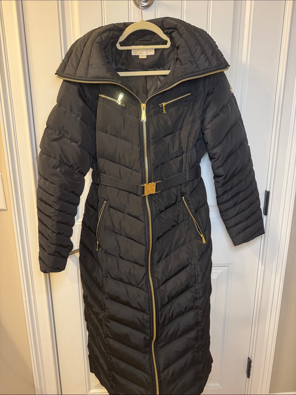 Michael Kors Black Long Quilted Belted Puffer Coat with Gold Hardware Medium